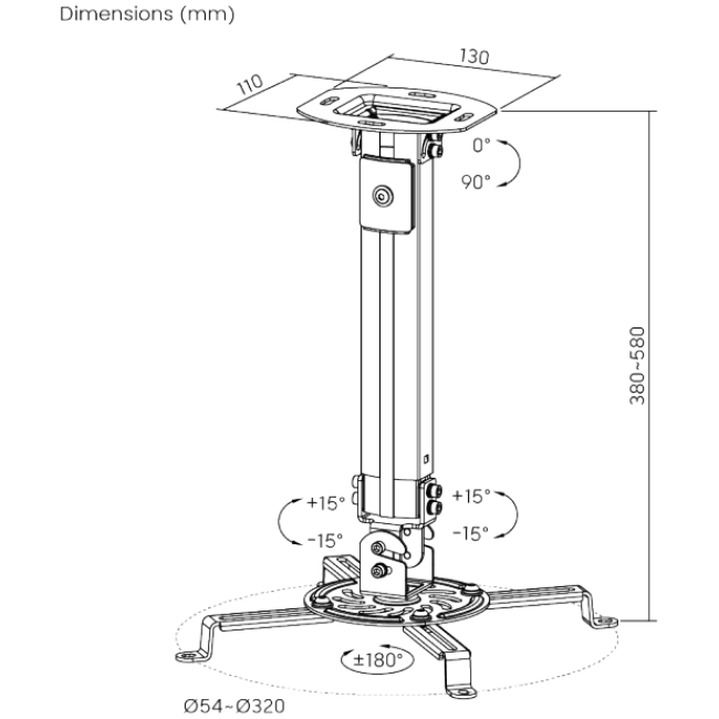 Brateck PRB-18S Ceiling Projector Mount 38-58cm 13.5kg Black - Image 2