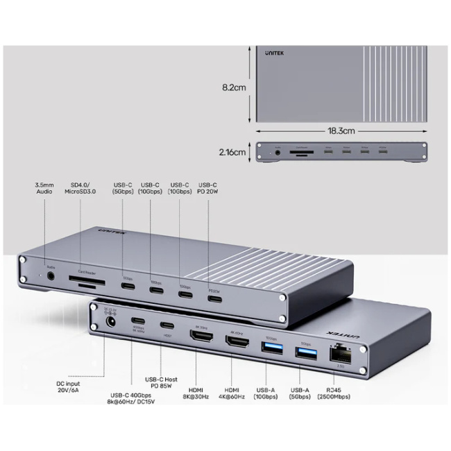 Unitek USB-C Hub Docking Station USB4 40Gbps Triple 4K Display & 2.5G Lan with 120W PSU D1117A - Image 3