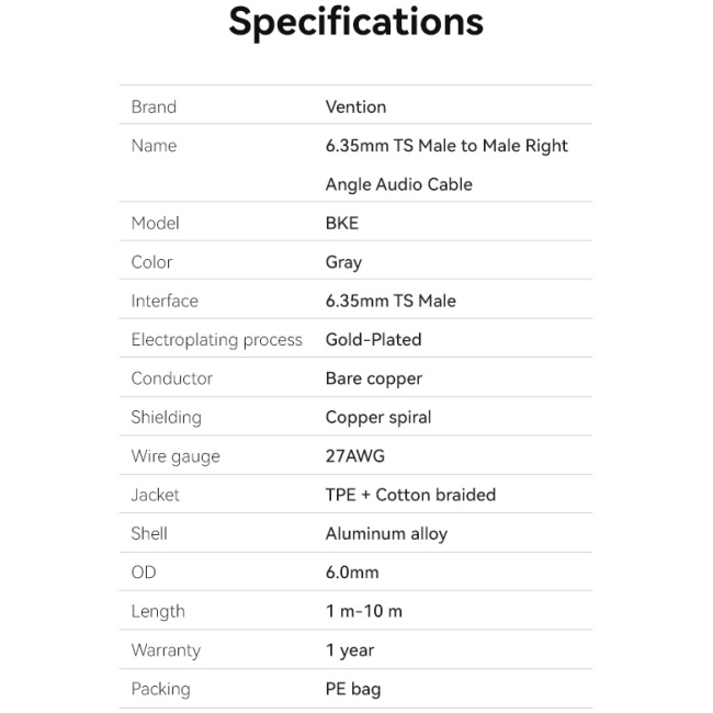 Vention AUDIO 6.3mm M to 6.3mm M Right Angle Braided-Metal 3.0m BKEHI - Image 9
