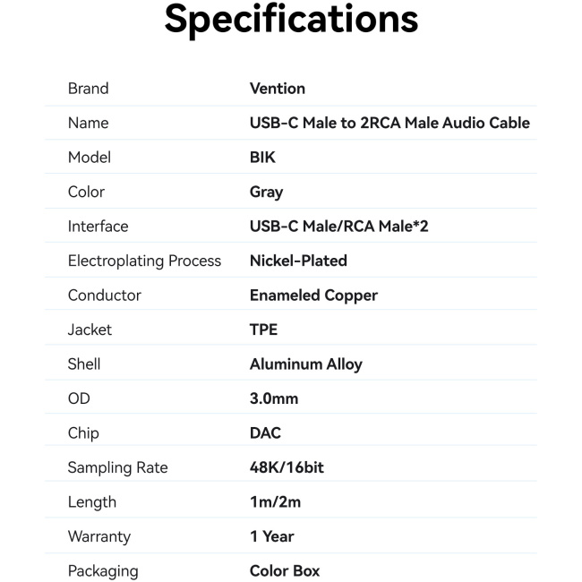 Vention AUDIO CONVERTER USB-C to 2RCA Male Cable 2.0m BIKHH - Image 10