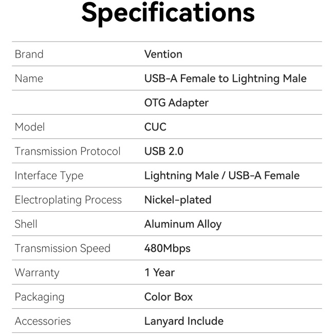 Vention Adaptor USB-A Female to Lightning Male OTG CUCH0 - Image 3