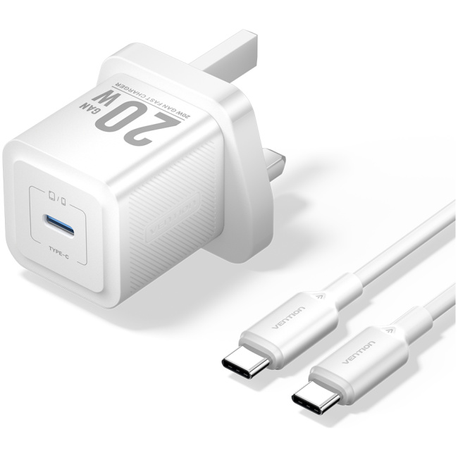 Vention Charger Wall GaN 20W 1xUSBC UK + USB-C 1m Cable White FEPW0-UK-01