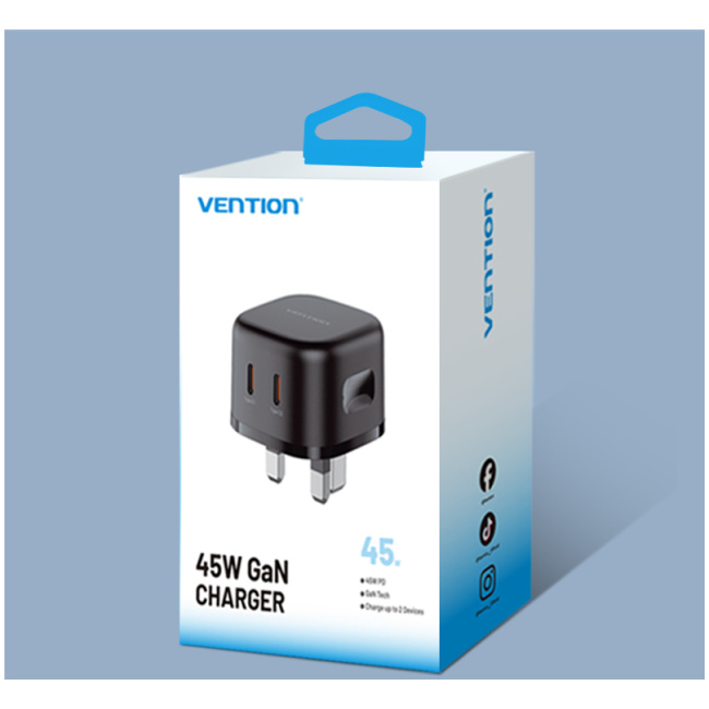 Vention Charger Wall GaN 45W 2xUSBC Black FESB0-UK - Image 2