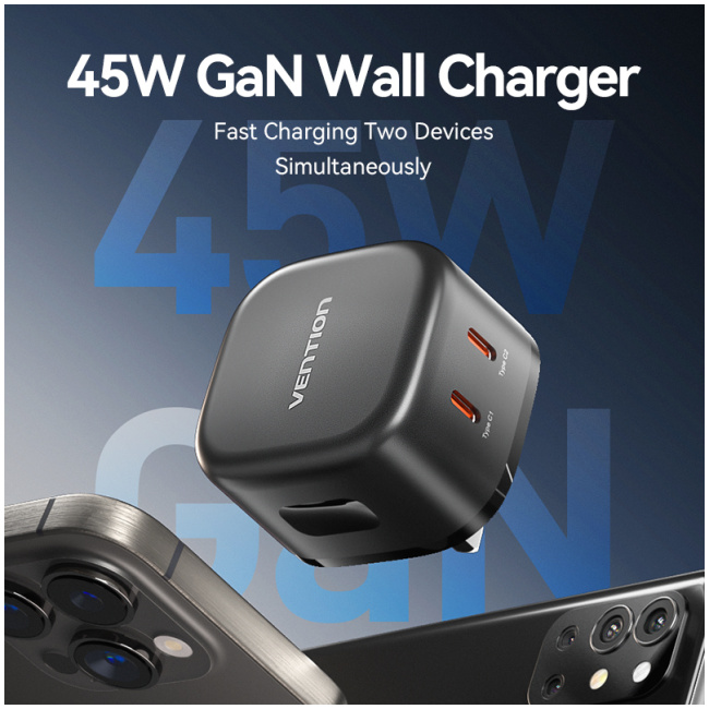 Vention Charger Wall GaN 45W 2xUSBC Black FESB0-UK - Image 3