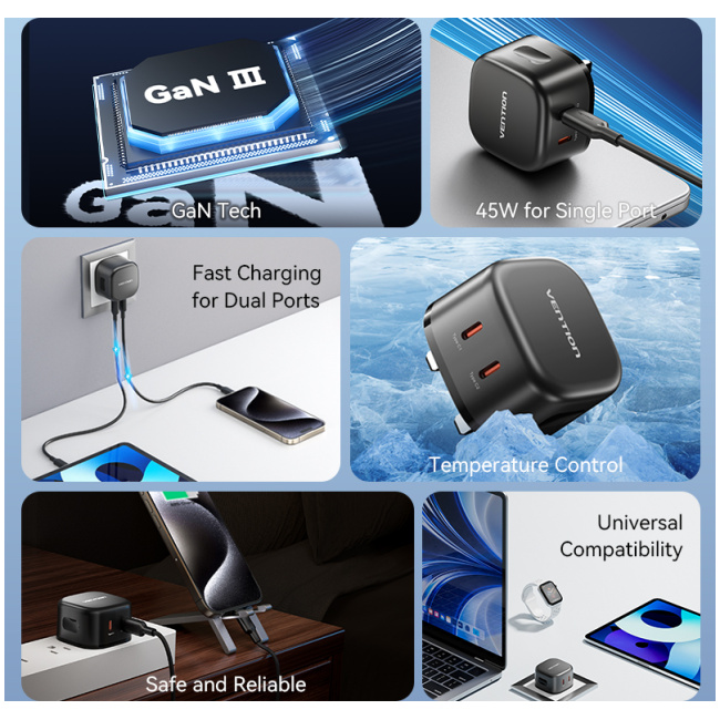 Vention Charger Wall GaN 45W 2xUSBC Black FESB0-UK - Image 4