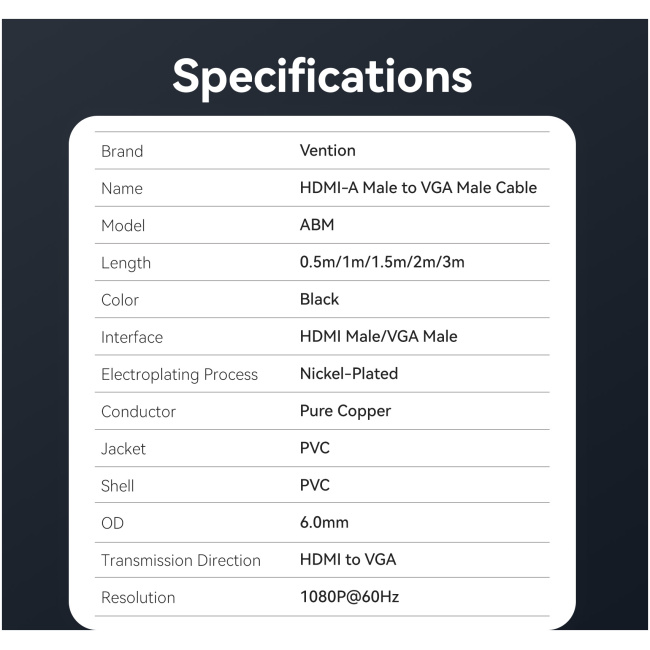 Vention HDMI-A Male to VGA Male Cable 3.0m Black ABMBI - Image 4