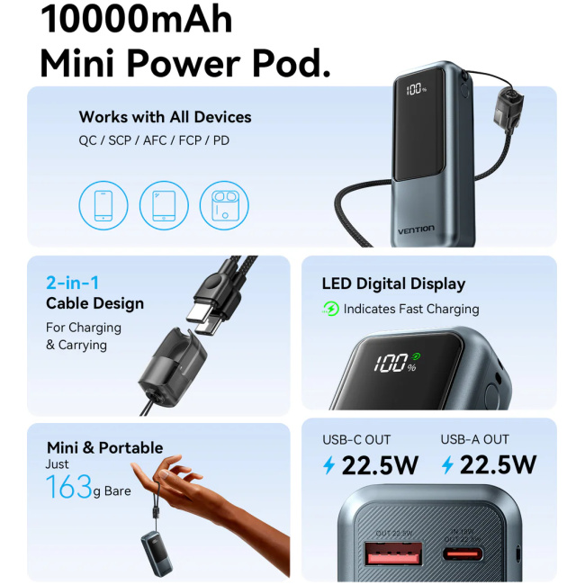 Vention Powerbank 10000mAh 22.5W Built-in USB-C Lanyard + Display FKOH0 - Image 4