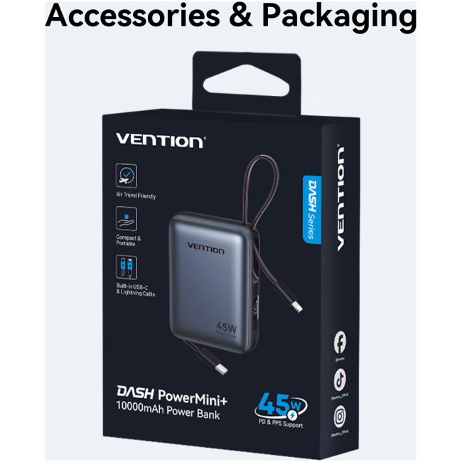 Vention Powerbank 10000mAh 45W Built-in USB-C & Lightning Cables FKMH0 Grey - Image 3