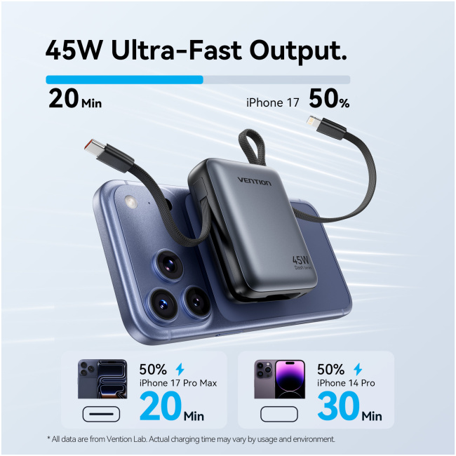 Vention Powerbank 10000mAh 45W Built-in USB-C & Lightning Cables FKMH0 Grey - Image 4