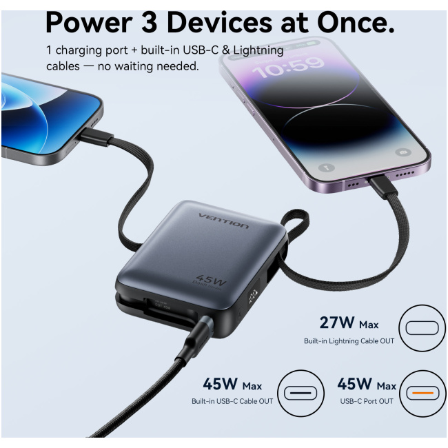 Vention Powerbank 10000mAh 45W Built-in USB-C & Lightning Cables FKMH0 Grey - Image 5