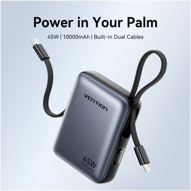 Vention Powerbank 10000mAh 45W Built-in USB-C & Lightning Cables FKMH0 Grey - Image 6