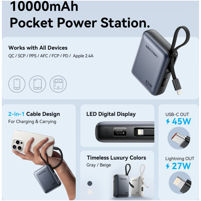 Vention Powerbank 10000mAh 45W Built-in USB-C & Lightning Cables FKMH0 Grey - Image 8