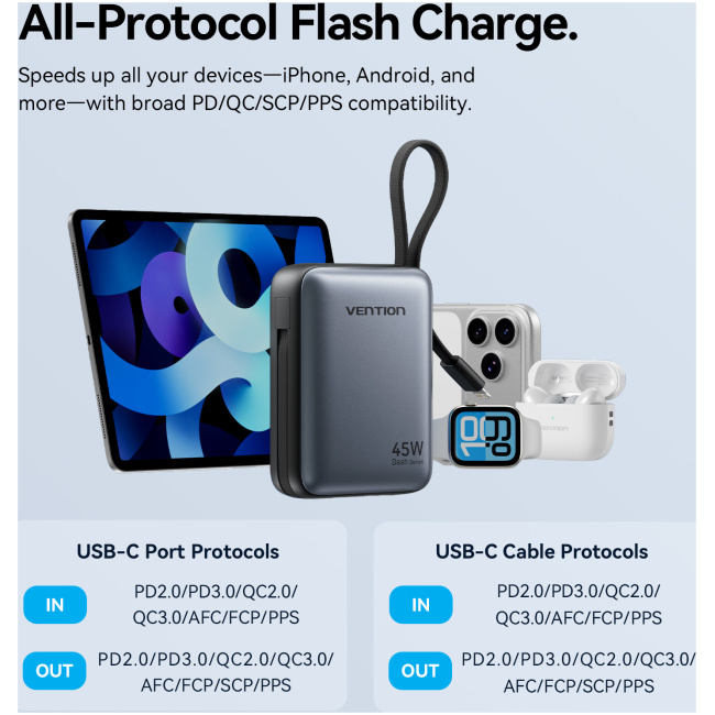 Vention Powerbank 10000mAh 45W Built-in USB-C & Lightning Cables FKMH0 Grey - Image 9