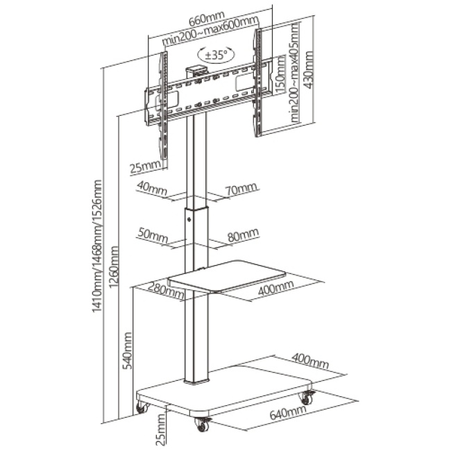 Brateck FS32-46W TV Trolley with Shelf 60x40 1.53m 40kg - Image 7