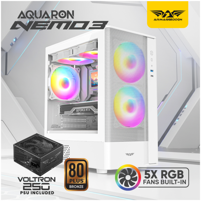 Armaggeddon Gaming Case M-ATX AQUARON NEMO 3 White (5x RGB Fans & 250W 80+ PSU) - Image 2