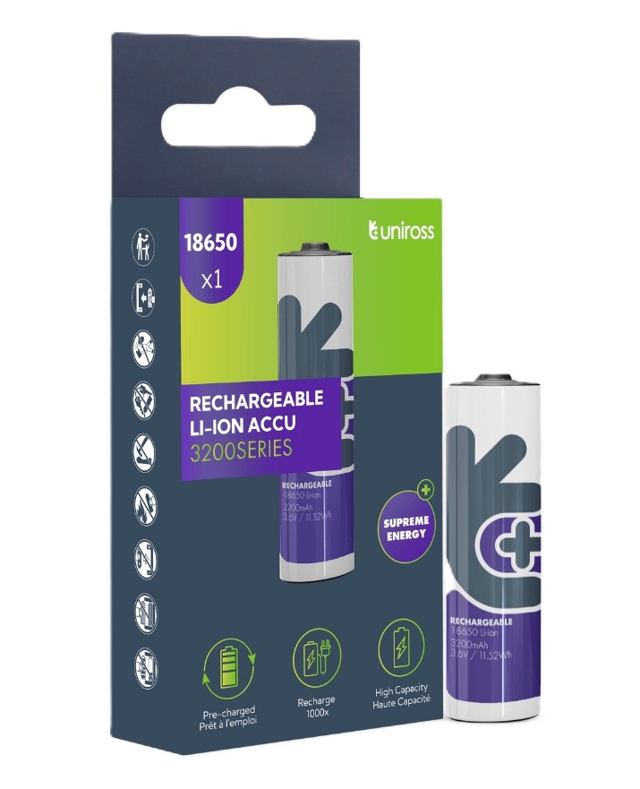 Uniross U1BT1832 18650 Rechargeable Lithium Battery 3200mAh (1pc) Uniross U1BT1832 18650 Rechargeable Lithium Battery 3200mAh (1pc) - Image 1