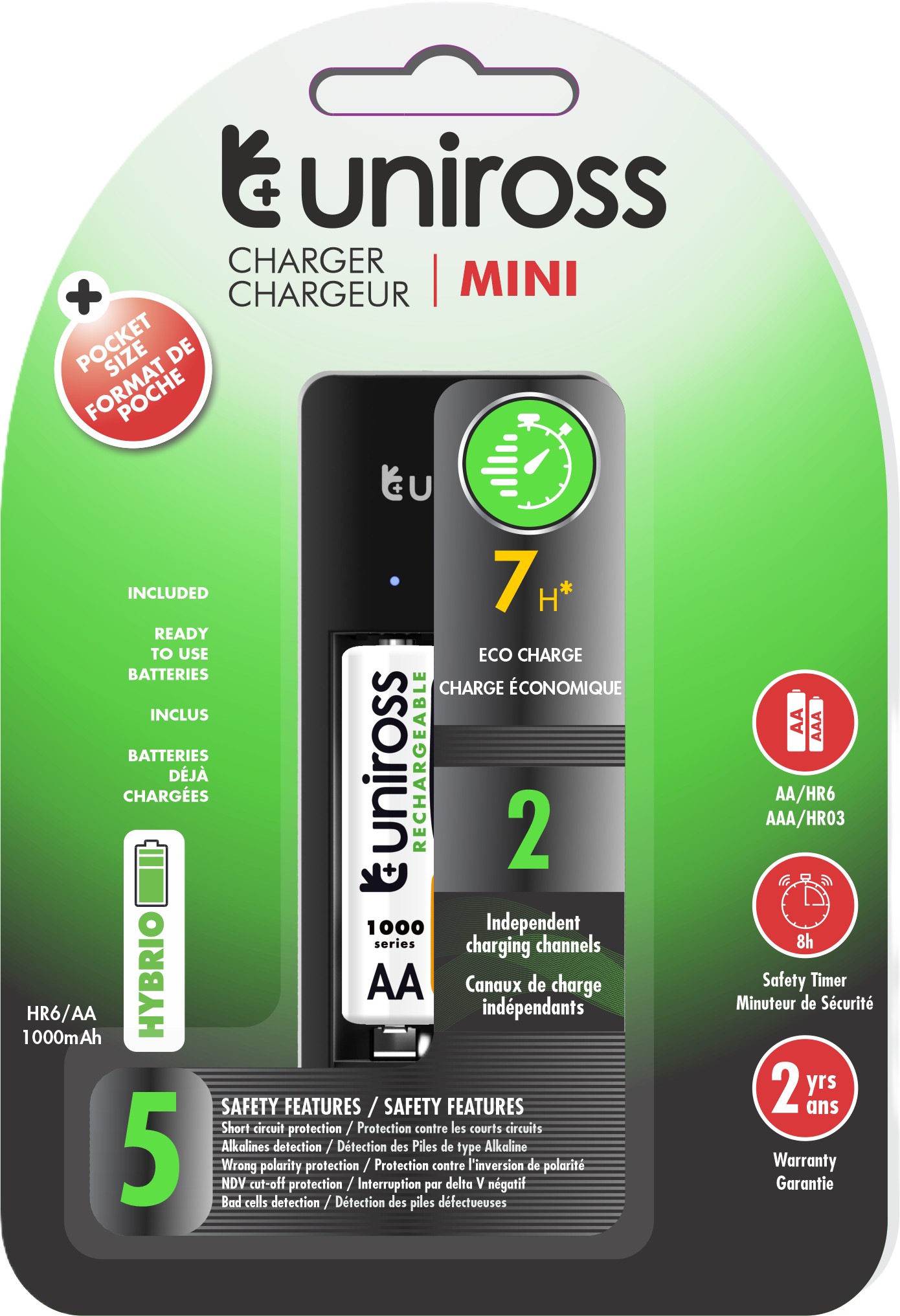 Uniross UCU001B USB Compact Mini Charger with 2x AAA 600 Batteries Uniross UCU001B USB Compact Mini Charger with 2x AAA 600 Batteries - Image 1