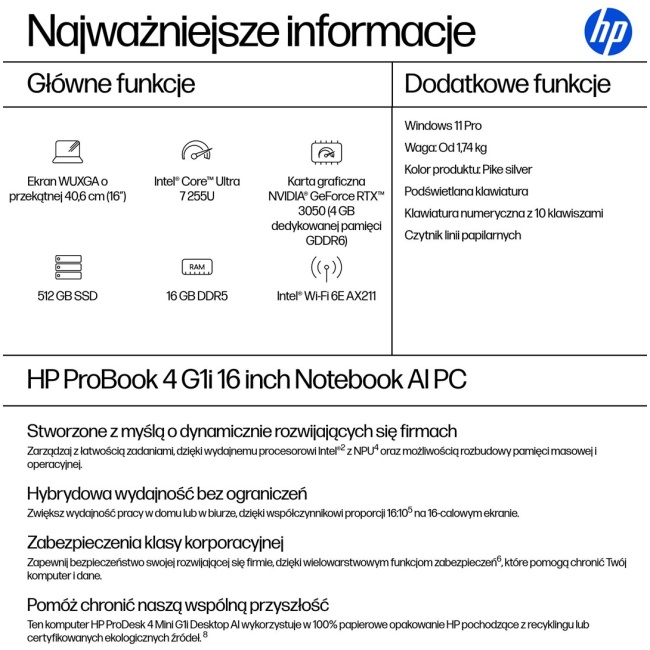 HP ProBook 4 G1i AI, Intel Core Ultra 7 255U laptop, 16" WUXGA, 16 GB DDR5-SDRAM, 512 GB SSD, Wi-Fi 6E (802.11ax), Windows 11 Pro, AI PC, silver - Image 4
